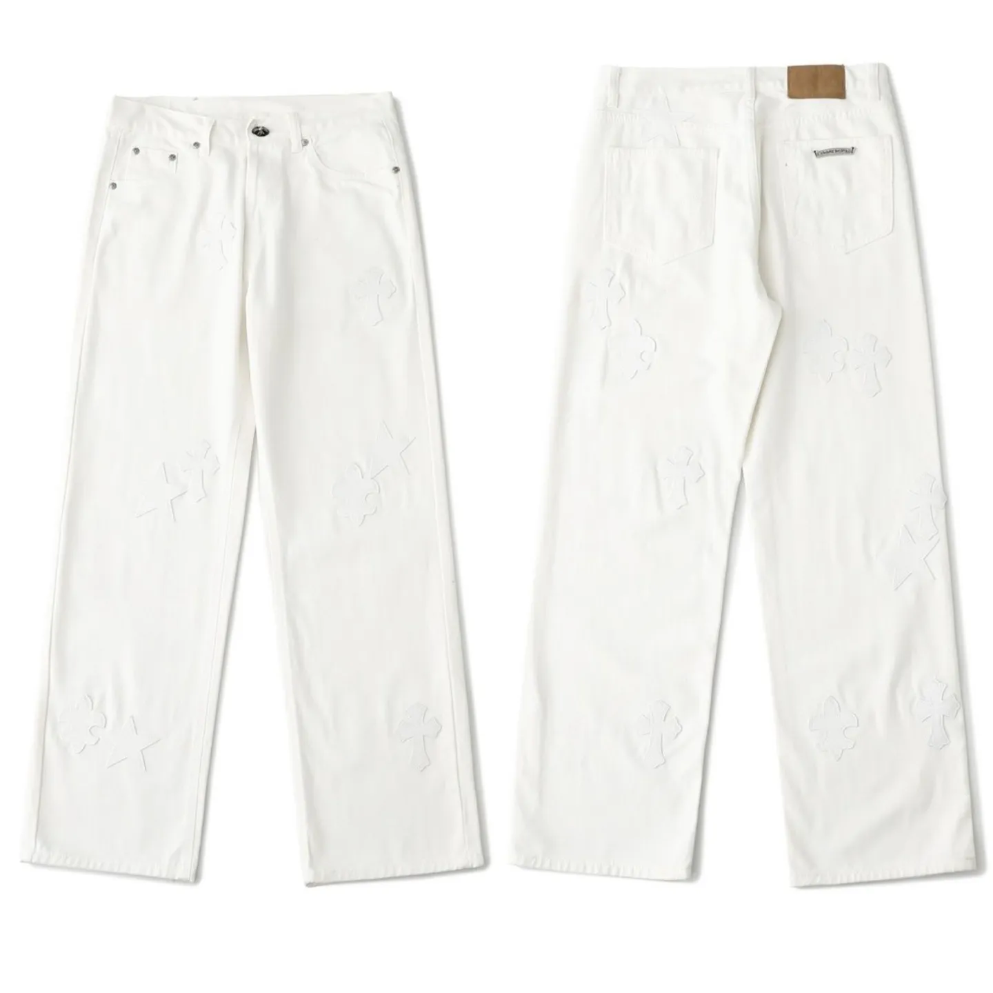 P260 💰 (Top version) Chrome Hearts/Chrome Hearts Classic white star cow series colored leather cross washed color fabric unisex denim trousers Vibe style straight stacked god-level version Carbon fine bias denim color cloth Old vintage full set of hardware - Chrome Hearts white cow series The high version uses high-ounce custom fabrics, fermentation washing and soft color fixation, soft and thick to wear, the details are all made by hand-polished craftsmanship, all-over printed jacquard fabric Unique design style. Through multiple processes to create a full retro feel. Unique niche non-contrast shirt. Customized distressed spray-painted buttons. Craftsmanship in every detail. Color: white stars. Size: 28-30-32-34 (corresponding to S-M-L-XL)
